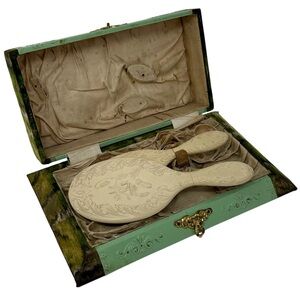 Antique Victorian Edwardian Dresser Box Mirror Hair Brush Set Celluloid